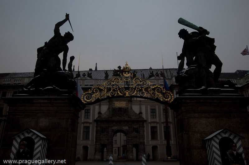 The entrance gate to the Prague Castle. The two statues of fighting gladiators were made by Ignaz Platzer.